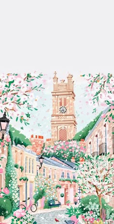 a painting of a city street with flowers and trees