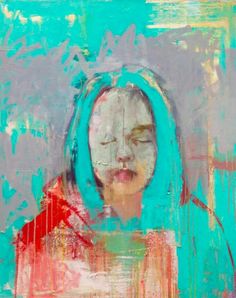 an abstract painting of a woman with blue hair