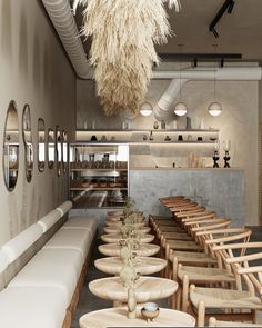 an empty restaurant with tables and chairs lined up