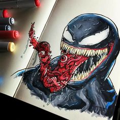 a drawing of a spider - man with his mouth open