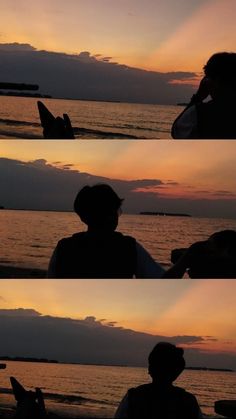 the silhouettes of two people are shown at sunset on the water's edge