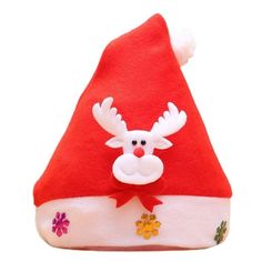 a santa claus hat with reindeer antlers and flowers on the front is shown in red