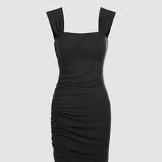 Stretch Dress Color Black 42%Polyester 50% Rayon 8% Spandex Square Neck Black Bodycon Dress With Ruched Back For Spring, Black Bodycon Mini Dress With Ruched Detail, Black Ruched Back Midi Dress For Spring, Black Midi Dress With Ruched Back For Spring, Black Fitted Mini Dress With Ruched Back, Black Mini Bodycon Dress With Ruched Back, Black Bodycon Dress With Ruched Back, Black Stretch Midi Dress With Ruched Bodice, Fitted Black Bodycon Dress With Ruched Sides