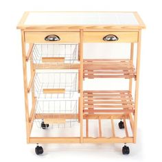 a small wooden cart with two drawers and baskets on it's wheels, sitting against a white background