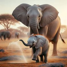 an elephant sprays water from its trunk as it walks with another elephant in the background