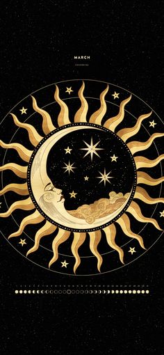 the sun and moon are depicted in this graphic art work, which is done with gold paint