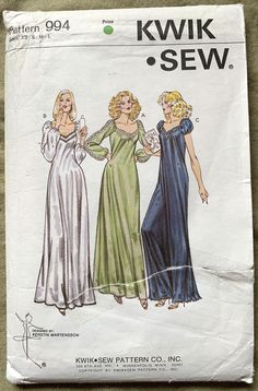 1970's Kwik Sew Pattern 994 Designed by Kerstin Martensson Size XS-S-M-L MISSES' NIGHTGOWN 🧵Pattern is uncut, factory folded with instructions. 🧵Envelope creased.  Tear across front repaired with tape.  Lip torn.  This pattern is out of print. ORIGINAL PAPER PATTERN, INSTRUCTIONS AND ENVELOPE ONLY.  NO FABRIC OR GARMENT INCLUDED. Vintage Nightgown Pattern, Fancy Nightgown, Nightgown Sewing Pattern, 60s Nightgown, Vintage Sleepwear, Nightgown Pattern, Kwik Sew Patterns, Women's Sewing Pattern, Advanced Sewing