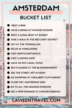 the amsterdam bucket list with text overlaying it and an image of buildings in the background