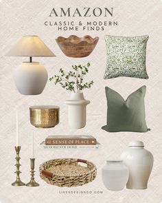 an assortment of home decor items including vases and lamps