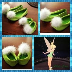 four pictures of tinkerbell slippers with fluffy white feathers