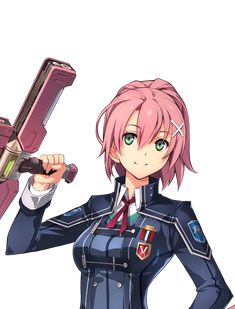 an anime character with pink hair and green eyes holding a large object in her hand