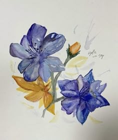 a painting of blue and yellow flowers on a white paper with watercolor pencils