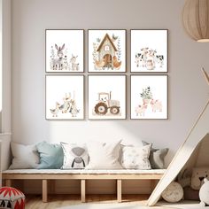 a child's room with three pictures on the wall and a teepee tent