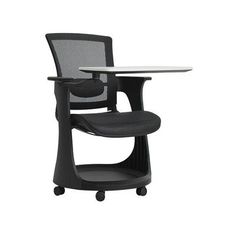 an office chair with wheels and a glass table top on the back side, against a white background