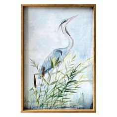 a painting of a bird with long legs standing in tall grass and looking up at the sky