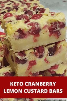 keto cranberry lemon custard bars stacked on top of each other