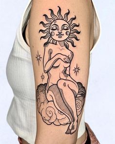 a woman with a sun tattoo on her arm is sitting on a cloud and has clouds around her