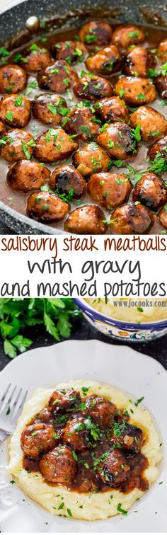 a plate with meatballs and mashed potatoes on it next to a casserole dish