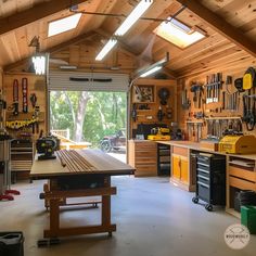 a garage with lots of tools and workbenches on the wall, including a table