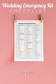 a wedding emergency checklist hanging on a clothes line with the text, wedding emergency kit checklist