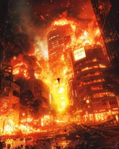 an image of a city that is on fire with lots of buildings in the background