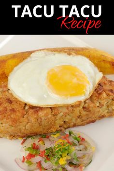 an egg is on top of some fried food