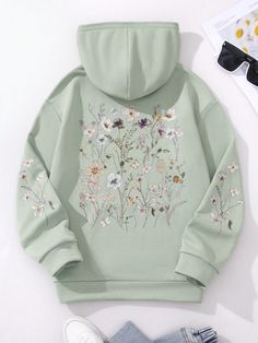 Tween Girl Floral Print Kangaroo Pocket Drawstring Thermal Hoodie Green Casual  Long Sleeve Fabric Floral Pullovers Slight Stretch  Tween Girls Clothing, size features are:Bust: ,Length: ,Sleeve Length: Girls Sweatshirts, Drop Shoulder Hoodie, Spring Hoodie, Thermal Hoodie, Spring Clothing, Floral Pullover, Hoodie Green, Printed Sleeveless Top, Tween Outfits