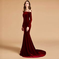 Off The Shoulder Velvet Mermaid Evening Gown Long Prom Party Dresses With Two Sleeves Red Velvet Dress Long, Velvet Prom Dresses, Velvet Ball Gown, Velvet Gowns, Prom Dresses Mermaid, Red Christmas Dress, Velvet Prom Dress, Long Sleeve Velvet Dress, Mermaid Evening Gown