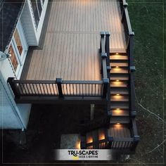 an overhead view of a deck with lights on it