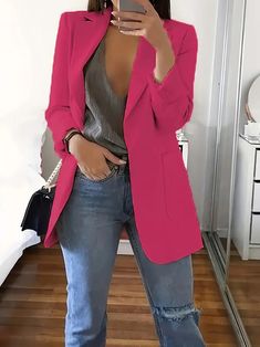 Plus Size Casual Blazer, Women's Plus Solid Long Sleeve Lapel Collar Suit Coat With Pockets - Temu Blazer And Jeans, Slim Cardigan, Blazer Casual, Slim Blazer, Minimalist Women, Traje Casual, Y2k Aesthetic Outfits, Womens Business Casual, Elegante Casual