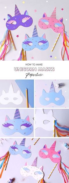 paper masks and streamers are arranged on a white surface with the words how to make unicorn masks