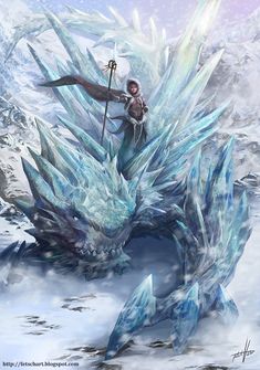 a woman standing on top of a giant ice dragon with a spear in her hand