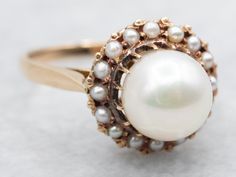 Add a touch of elegance and playfulness to your jewelry collection with this ring. Crafted in shiny yellow gold, this ring features a stunning pearl adorned with a delicate seed pearl halo. Perfect for any occasion, this ring is sure to make a statement!Metal: 14K Yellow Gold Gem: PearlGem Measurements: 7.5 mm, RoundAccents: Seed Pearls Ring Size: 4.75Marks: "FP K14" Stamped on the inside band Pearl Gold Engagement Ring, Pearl Halo, Pearls Ring, Seed Pearl Ring, Gold Pearl Ring, Watch Chain, Seed Pearl, Gold Engagement Rings, Gold Pearl