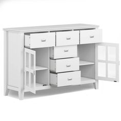 a white cabinet with drawers and shelves on it's sides, in front of a white background