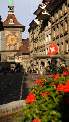 a clock tower in the middle of an old european town with red flowers on the foreground