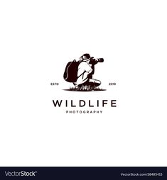 wild life photography logo design template with camera and man on the grass, black and white