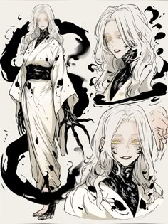 three different poses of a woman with white hair and yellow eyes, in black and white