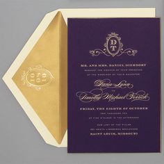 an elegant purple and gold wedding card with the letter p on it's front