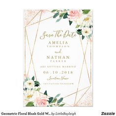 save the date card with pink flowers and gold geometric frame on white paper, which is printed