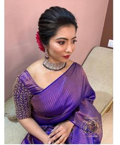 Marriage Hairstyles Indian Brides Saree, Simple Bridal Hairstyle, Kerala Saree Blouse Designs, Hair Style On Saree, Saree Hairstyles, Blouse Designs High Neck, Engagement Hairstyles, Purple Saree, Cotton Saree Designs