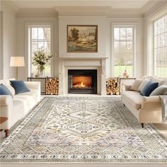 a living room filled with furniture and a fire place in the middle of the room