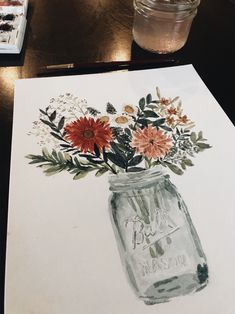 a watercolor painting of flowers in a mason jar