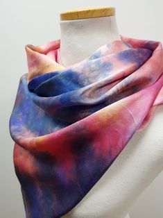 Hand dyed Silk Satin scarf / Blue Pink Yellow colors Slight crinkle could be left on the scarf. It is a part of Hand dye result. * Please understand color may look slightly vary from different monitor! Hand wash in cool water, drip dry, Iron in medium temperature.  Please expect some color in the wash water the first few times you wash it. Postage... We try to dispatch your order within 72 hours. All items are sent via Korean small package postal service.   It does not provide the real time trac Artistic Hand Dyed Scarves, Hand Dyed Blue Silk Scarf For Summer, Blue Hand-dyed Silk Scarf For Summer, Blue Hand Dyed Silk Scarf For Summer, Summer Hand Dyed Blue Silk Scarf, Hand Dyed Silk Scarf For Summer, Hand Dyed Silk Scarves For Summer, Hand-dyed Silk Scarves For Summer, Multicolor Hand Dyed Silk Scarves