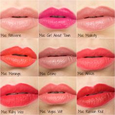 Mac Lipstick Swatches Mac Coral Lipstick, Coral Pink Lipstick, Mac Lipstick Swatches, Mac Brushes, Eyeshadow Tips, Lipstick Designs