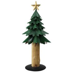 a christmas tree made out of wood with a star on top, sitting on a black stand