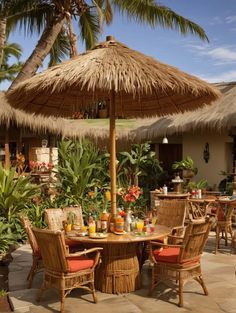 an outdoor dining area with straw umbrellas and wicker chairs, surrounded by palm trees