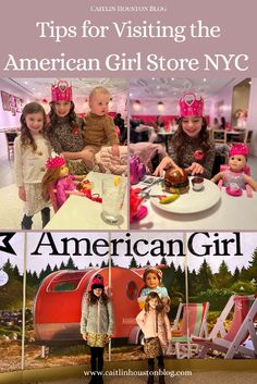 an advertisement for american girl store with girls in pink hats and camping gear at the camp site