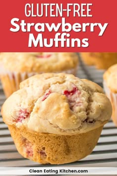 gluten - free strawberry muffins on a cooling rack with text overlay