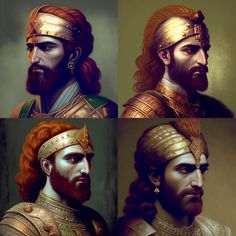 four pictures of the same man in different costumes and hair styles, each wearing a gold crown