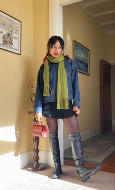 Casual Winter Birthday Outfit, Brown Calf Boots Outfit, Disheveled British Woman Aesthetic, Quirky Fall Outfits, Grandpa Sweater And Tights, Whimsy Twee Aesthetic, Colorful Knit Winter Cardigan, Winter Outfits Colorful, Fall Fashion Grunge